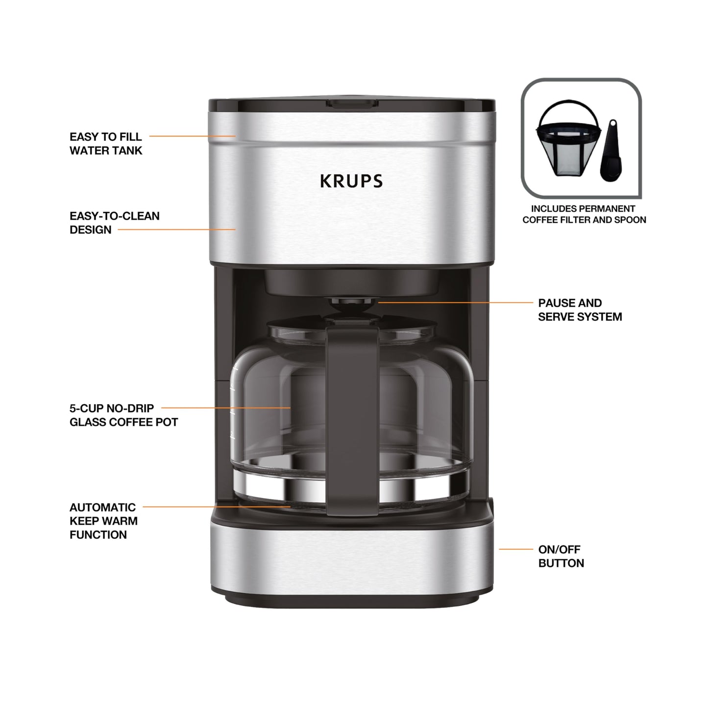 KRUPS Newer Model Drip Coffee Maker, 10-Cup, Silver