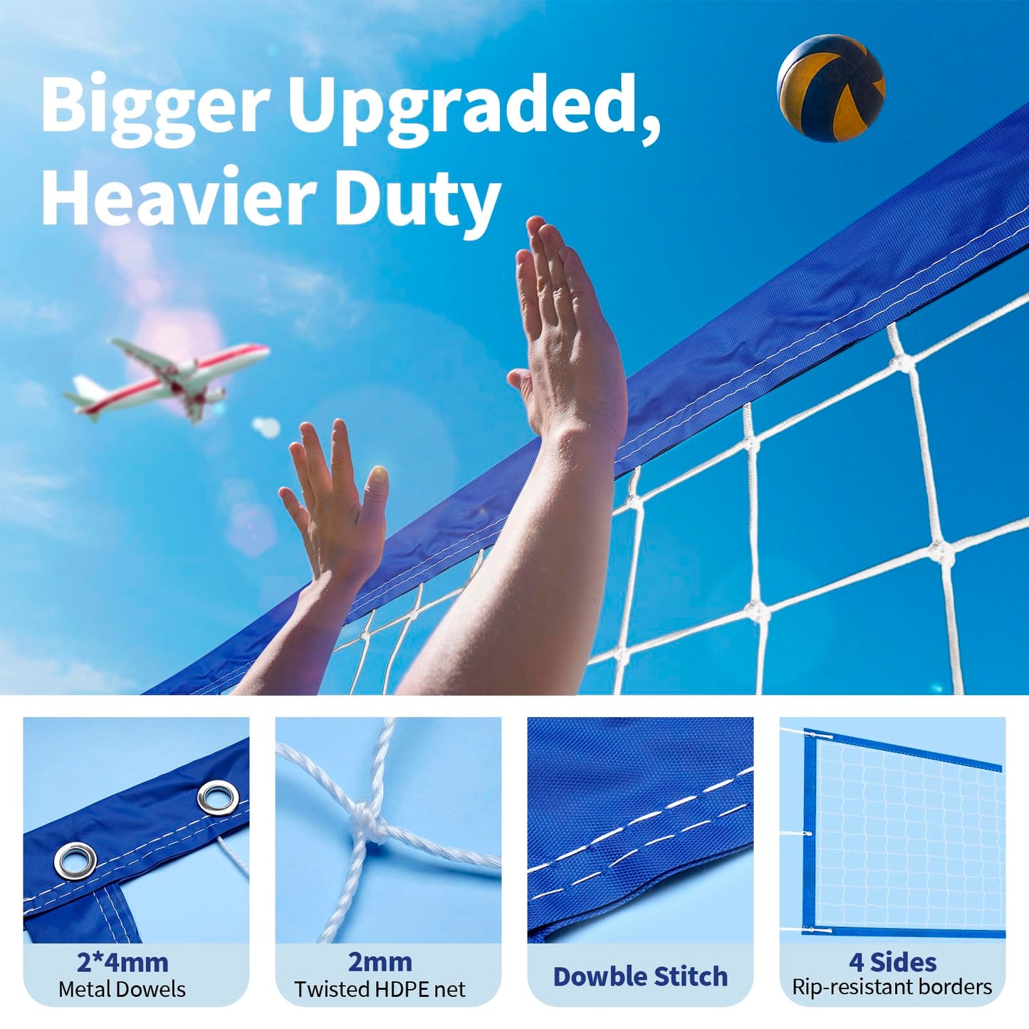 YUXUXU Professional Volleyball Net Outdoor Heavy Duty, All Weather Enhanced, Extended Stainless Steel Cable, Extra Thick Borders, for Indoor Outdoor Sports - Regulation 32x3FT, Blue (Net Only)