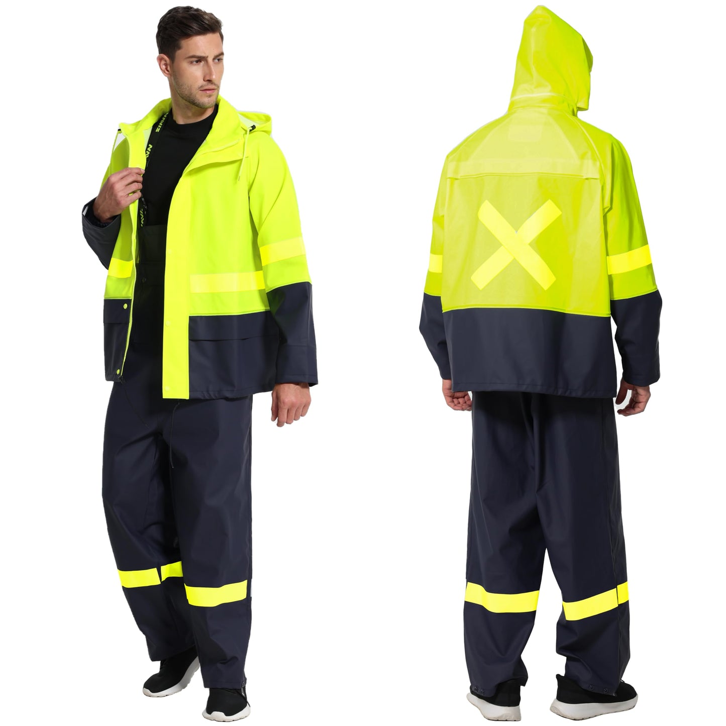 Men's Workwear PRO Rain Suit - Waterproof Jacket and Bib Pants 3-piece Set for Ultimate Safety and Comfort