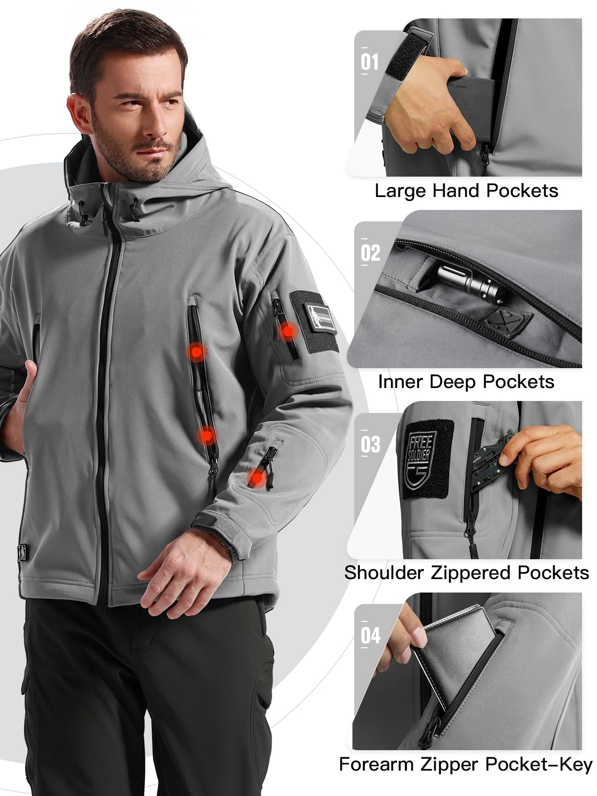 FREE SOLDIER Men's Outdoor Waterproof Soft Shell Hooded Military Tactical Jacket