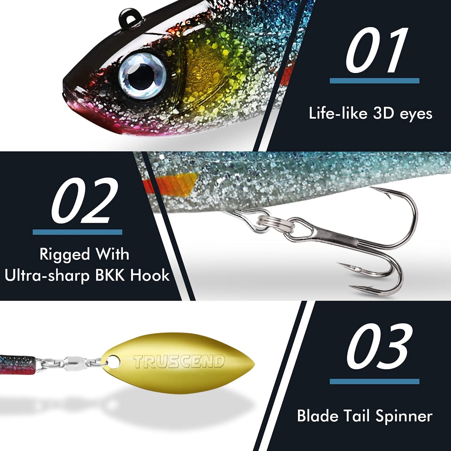 TRUSCEND Easy Catch Pre-Rigged Soft Lures, Vibrating Swim Action, Trembly Sinking Move, Amazing Soft Swimbait for Family Fishing, Well-Made Fishing Lures for Bass Trout Crappie Walleye Pike Redfish