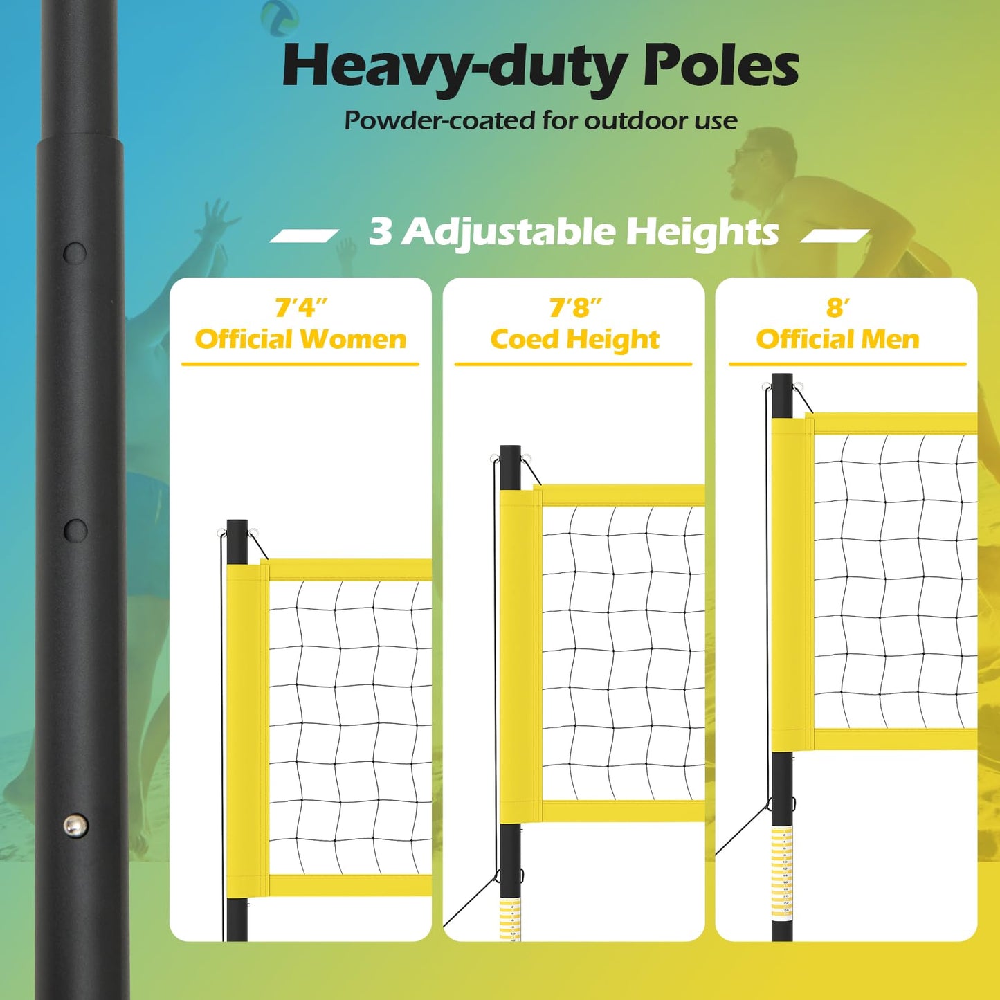 GYMAX Volleyball Net, Portable Volleyball Set with Adjustable Poles & Anti-Sag Design, Includes Beach Stakes, Scoreboard, Boundary Line and Carry Bag for Outdoor Backyard Beach Grass (Yellow)