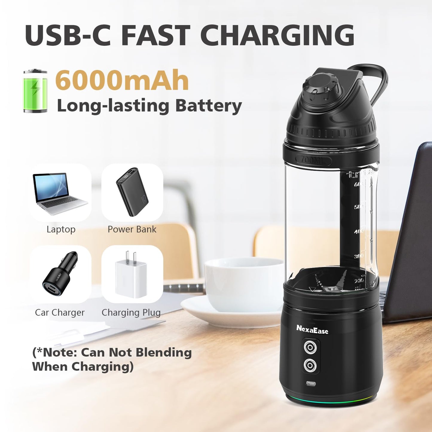 Portable Blender with Insulated Carrying Case & Recipe Book for Shakes and Smoothies, 24 OZ Personal Juicer Electric Protein Shaker Bottle, Mini Small Blender Cup with USB-C Rechargeable, Travel Lid