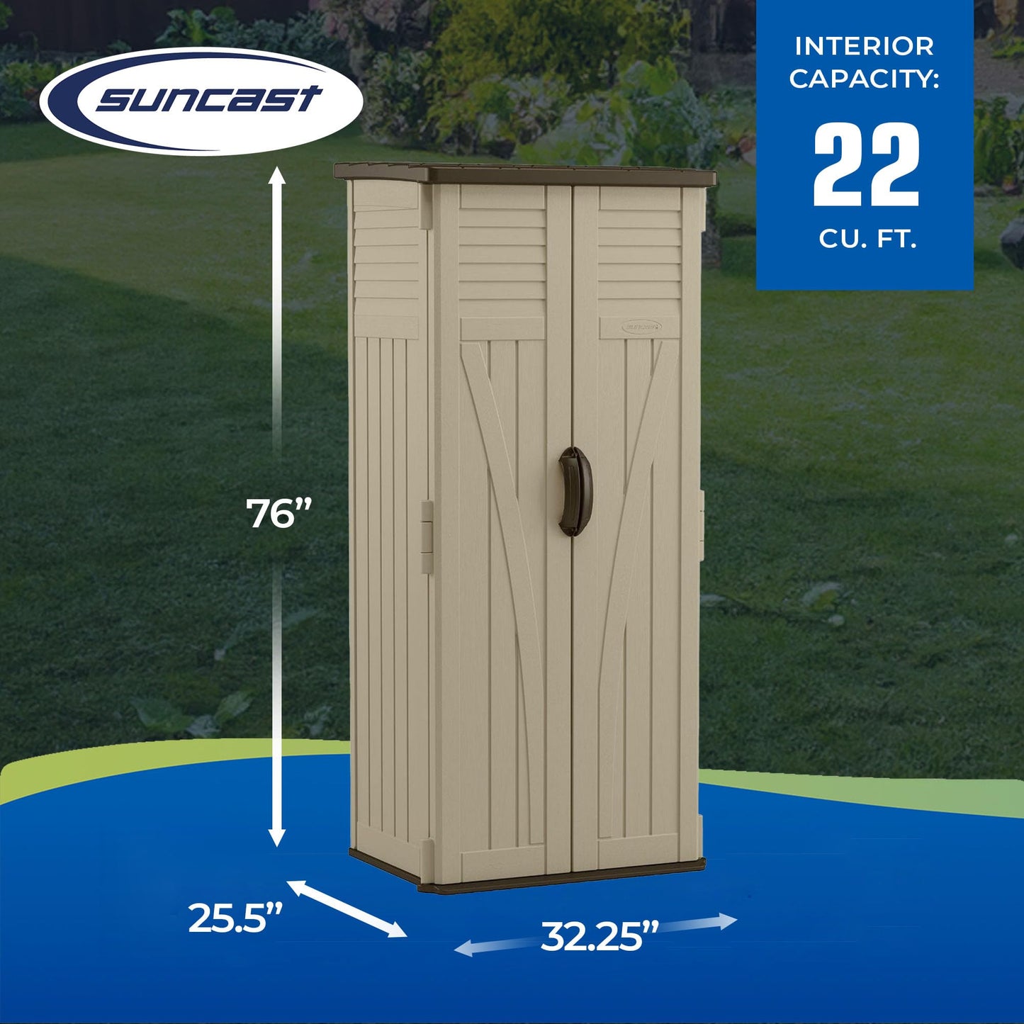 Suncast 54 Cubic Feet Vertical Storage Shed with Durable Plastic Construction, Multiple Wall Panels and Ample Space for Outdoor Storage