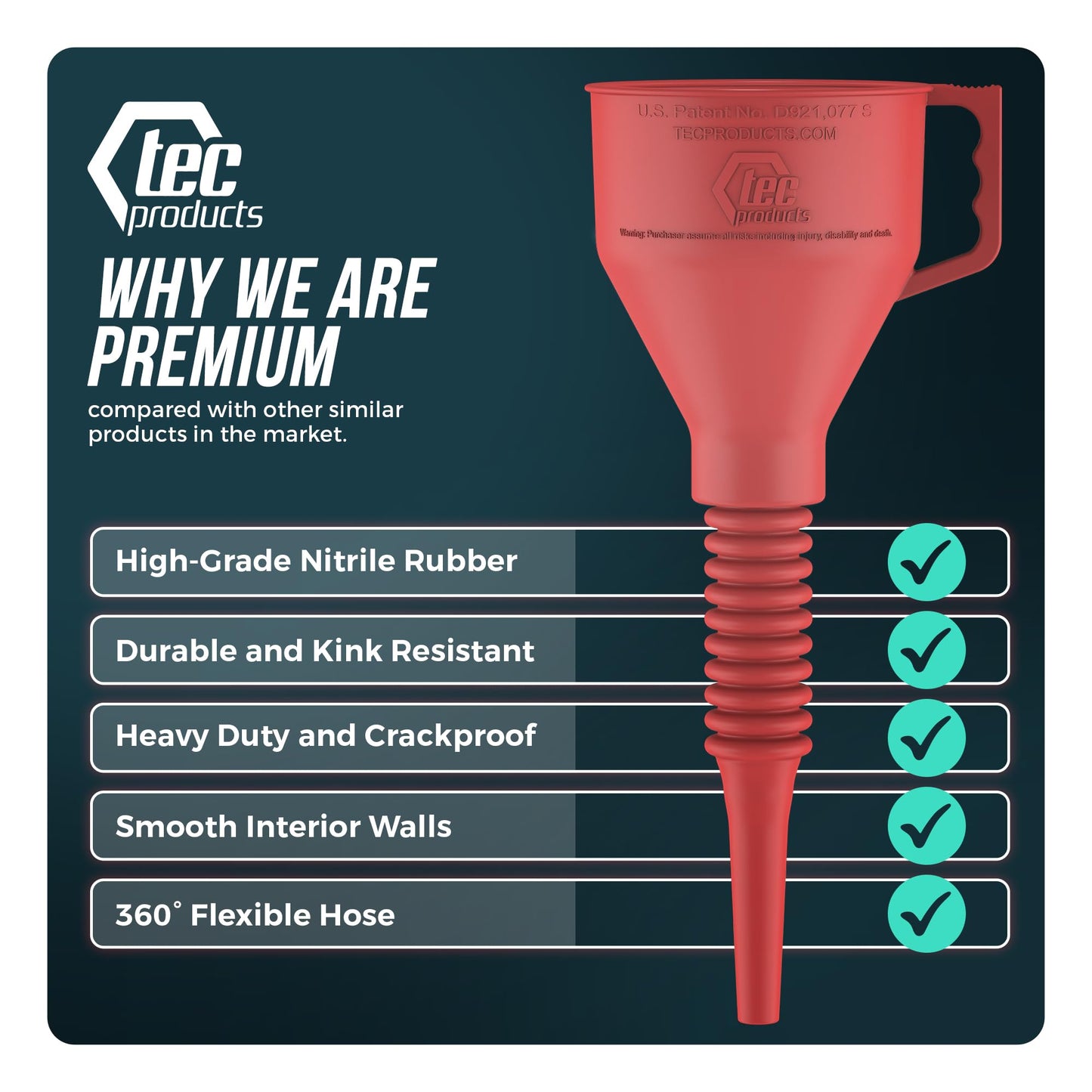 TEC Products FlexAll Funnel - Long Flexible Funnel for Automotive Use - Durable Nitrile Rubber - Ideal for Car Oil Change, Transmission Fluid, Diesel, Fuel, Gas - Made in USA - Red (16 x 5 Inches)