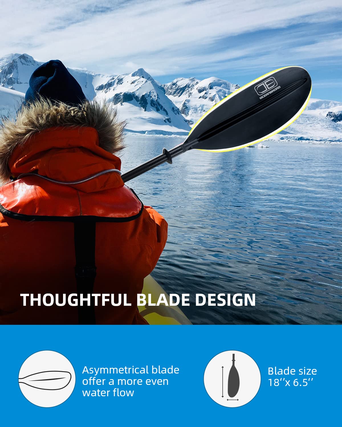 OCEANBROAD Carbon Fiber Kayak Paddle 90.5in/230cm, 86in/218cm for Adults Kayaking Boating Canoeing Oar with Paddle Leash