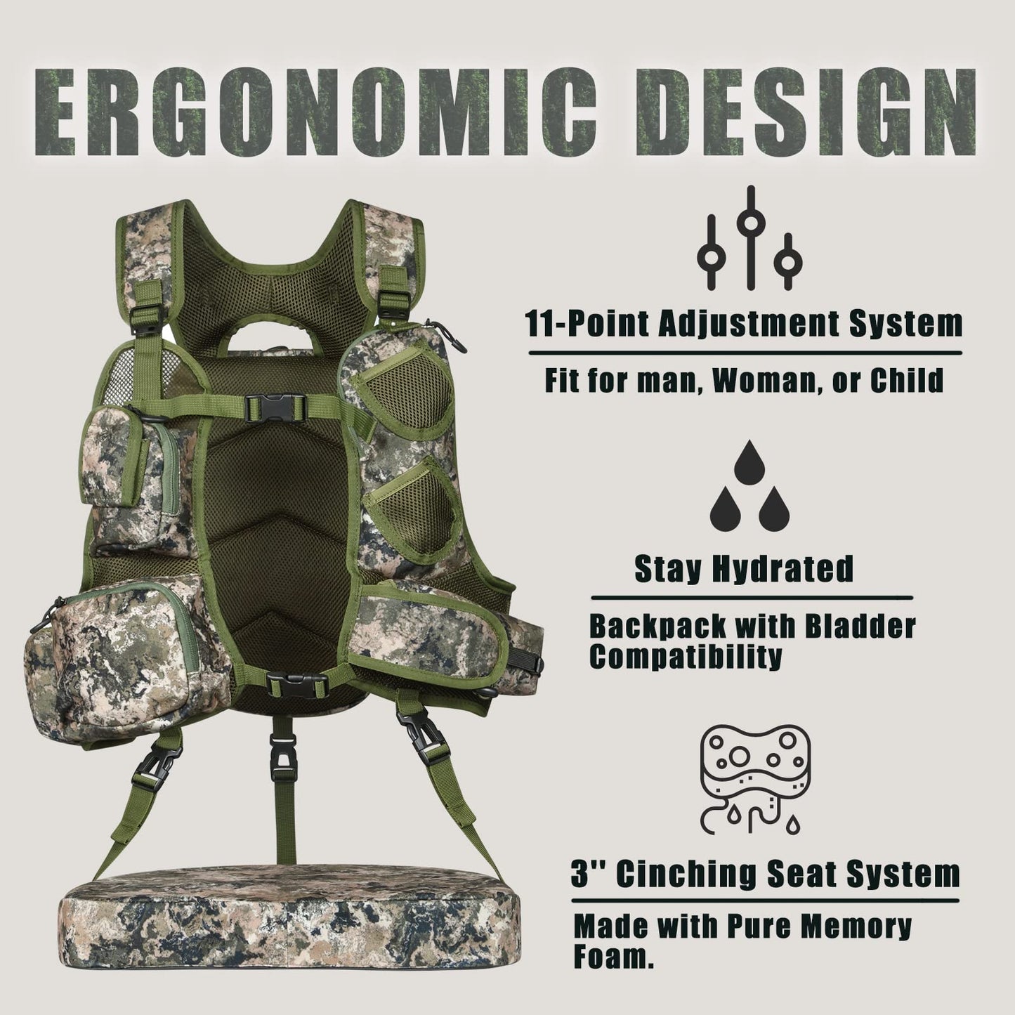 UIIHUNT Turkey Vest with Seat: Lightweight Turkey Hunting Vest with Game Pouch, Adjustable Turkey Hunting Gear Accessories
