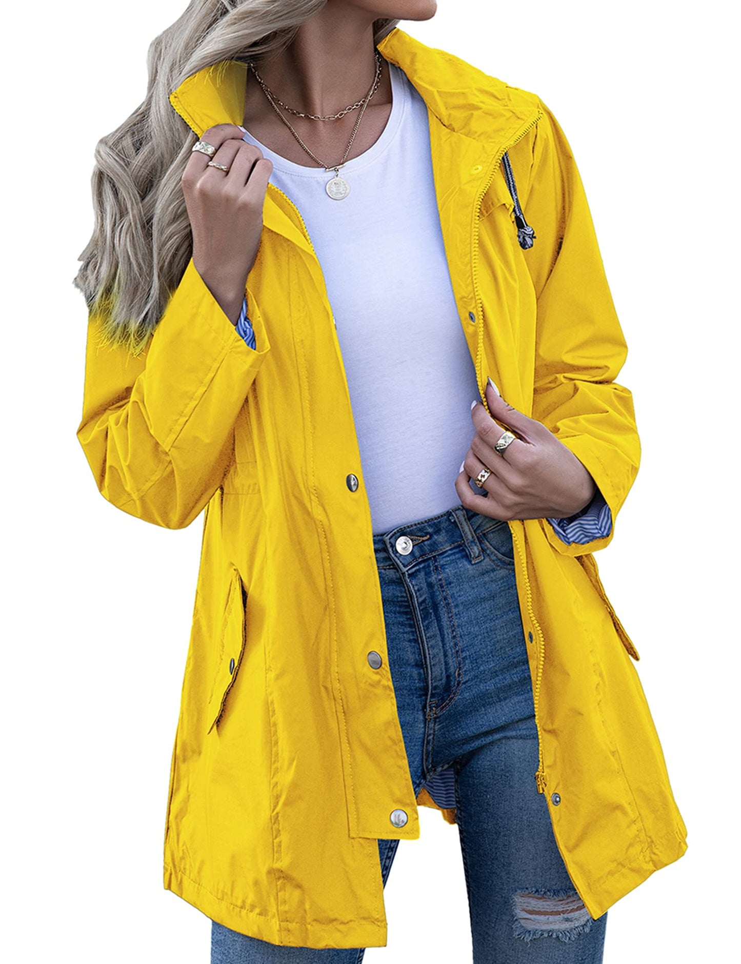 Rain Jacket Women Striped Lined Hooded Lightweight Raincoat Outdoor Waterproof Windbreaker