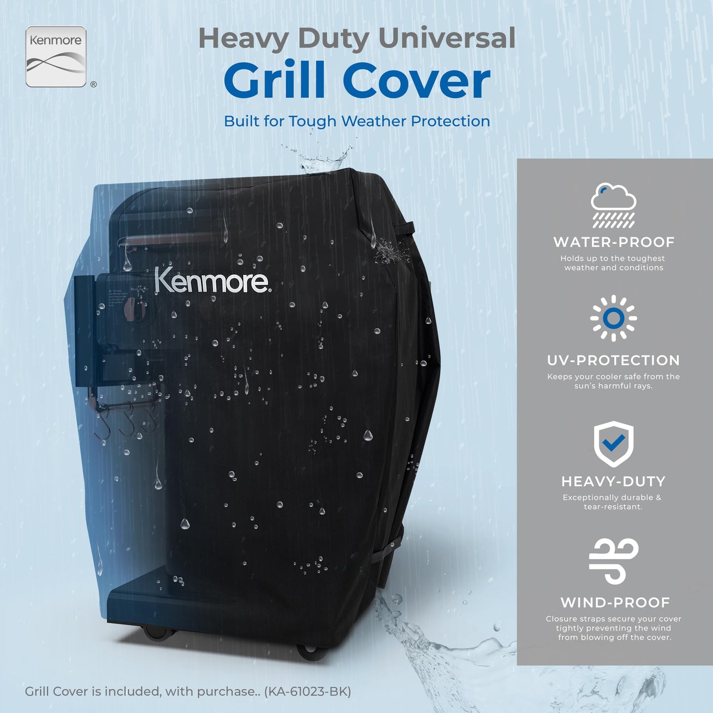 Kenmore 3-Burner Propane BBQ Grill, 30,000 BTUs Gas Grill with Cast Iron Cooking Grates, Folding Side Tables & Wheels, Outdoor Grill with Tool Hooks, Azure Blue
