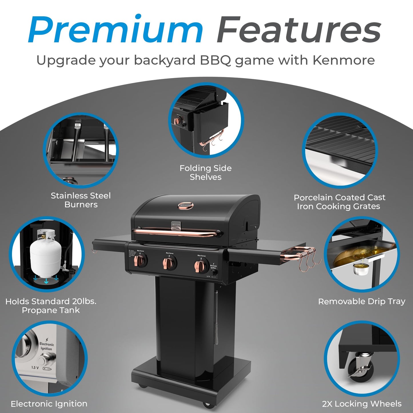 Kenmore 3-Burner Propane BBQ Grill, 30,000 BTUs Gas Grill with Cast Iron Cooking Grates, Folding Side Tables & Wheels, Outdoor Grill with Tool Hooks, Azure Blue
