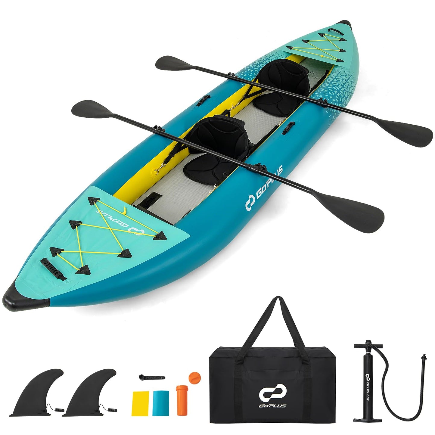 Goplus Inflatable Kayak, 2-Person Kayak Set for Adults with 507 LBS Weight Capacity, 2 Aluminium Oars, EVA Padded Seat, 2 Fins, Hand Pump, Carry Bag, Repair Kit, Portable Touring Kayaks