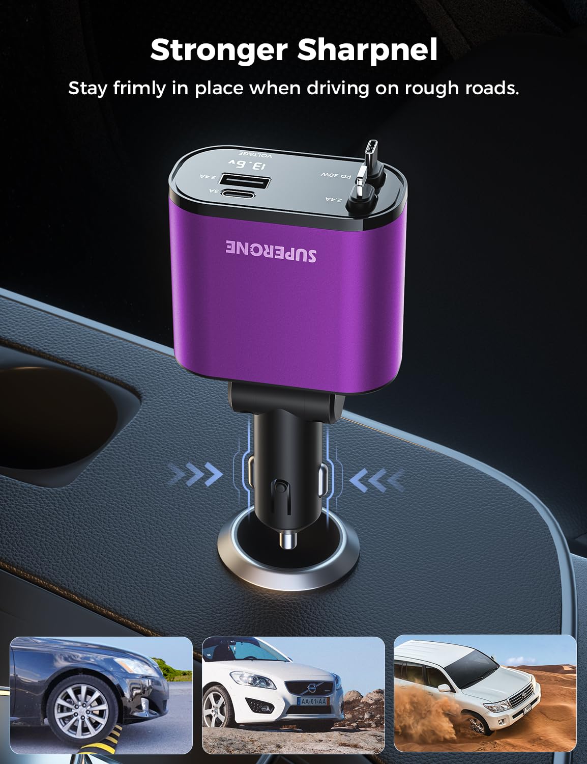 【Upgraded】 SUPERONE Retractable Car Charger 4 in 1, Fast Car Phone Charger with Cord 2.6ft, USB C and Apple Car Adapter, Compatible with iPhone 16 15/15 Pro Max/14/13/12/11, Galaxy, Pixel