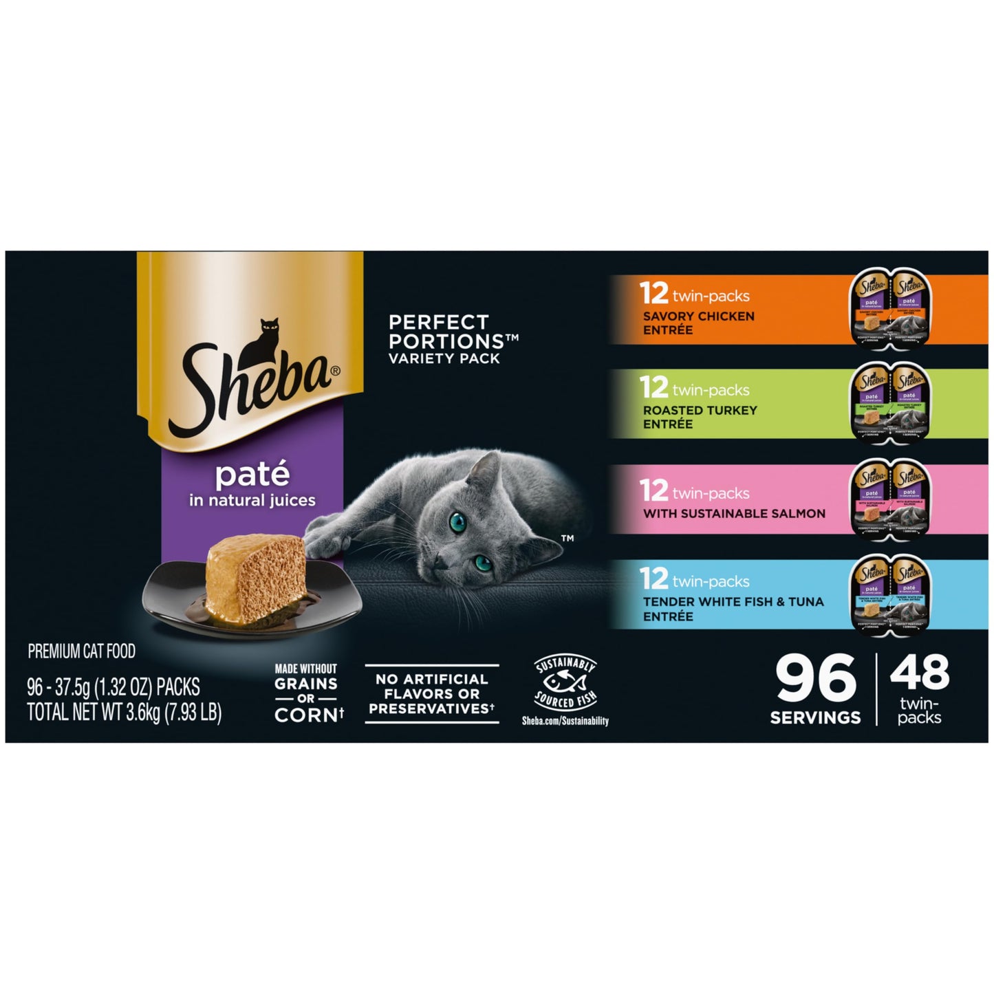Sheba Perfect Portions Wet Cat Food Pate with Sustainable Salmon, Signature Seafood Entree, and Tender Whitefish and Tuna Entree Variety Pack, 2.6 oz. Twin Pack Trays (24 Count, 48 Servings)