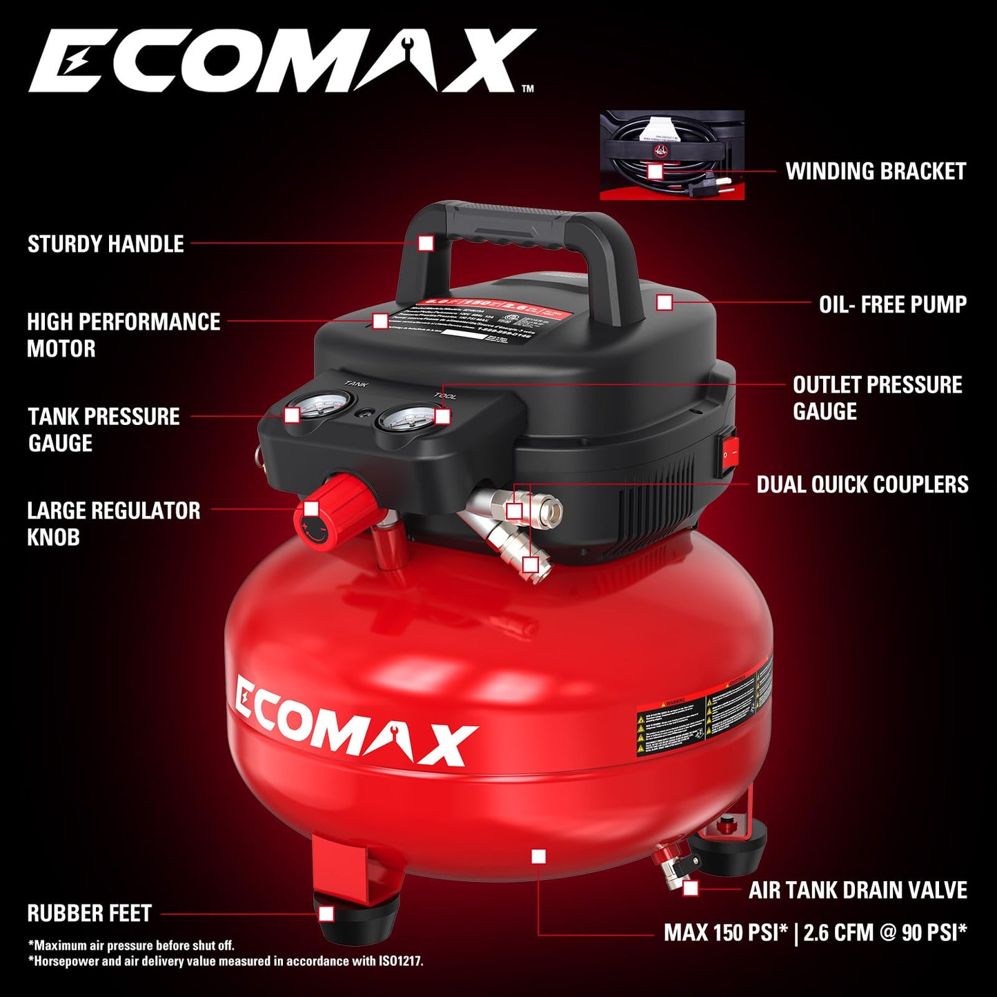 Air Compressor 6 Gallon 150 PSI Pancake Portable Oil-free Tank with 10 PCS Accessories Kit