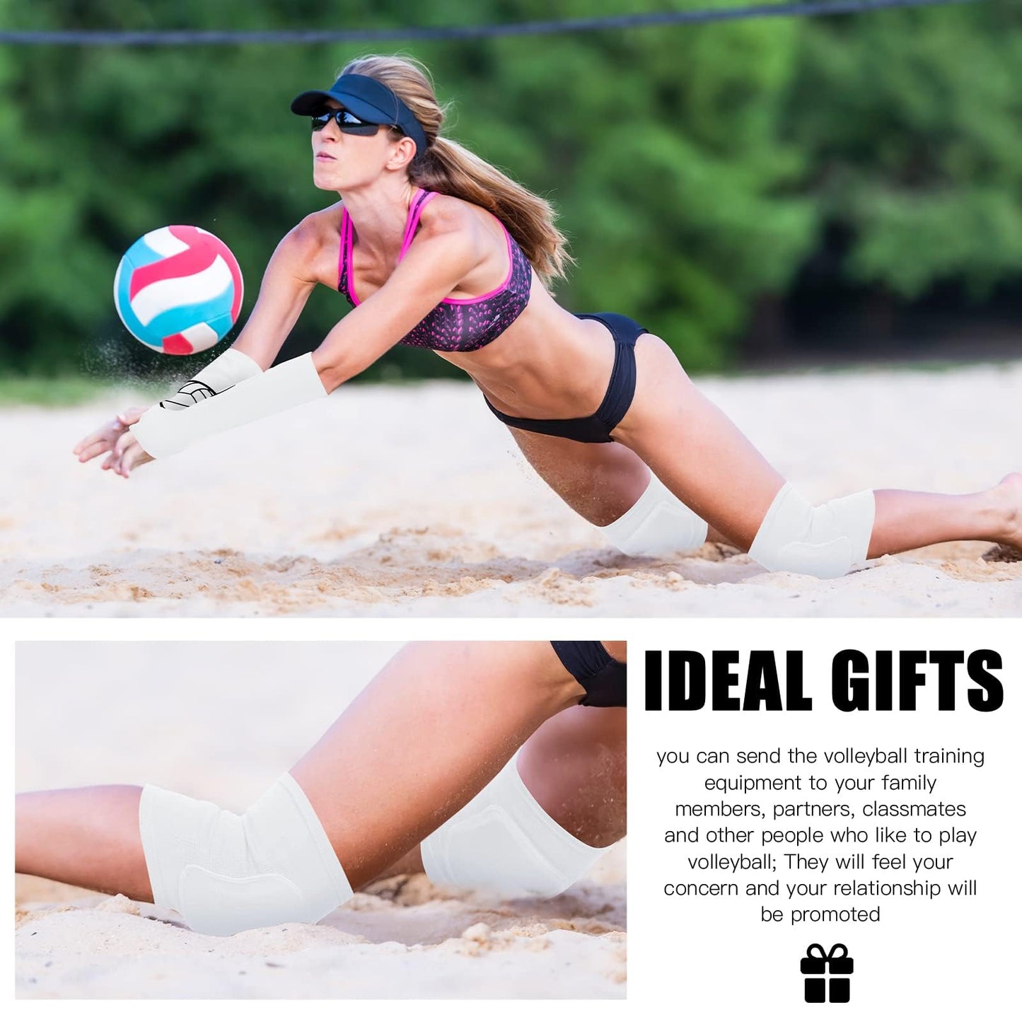 Sosation 2 Set Volleyball Knee Pads and Volleyball Arm Sleeves with Protection Pad Compression Forearm Wrist Guard with Thumb Hole Soft Breathable for Hitting Passing(Black, White)