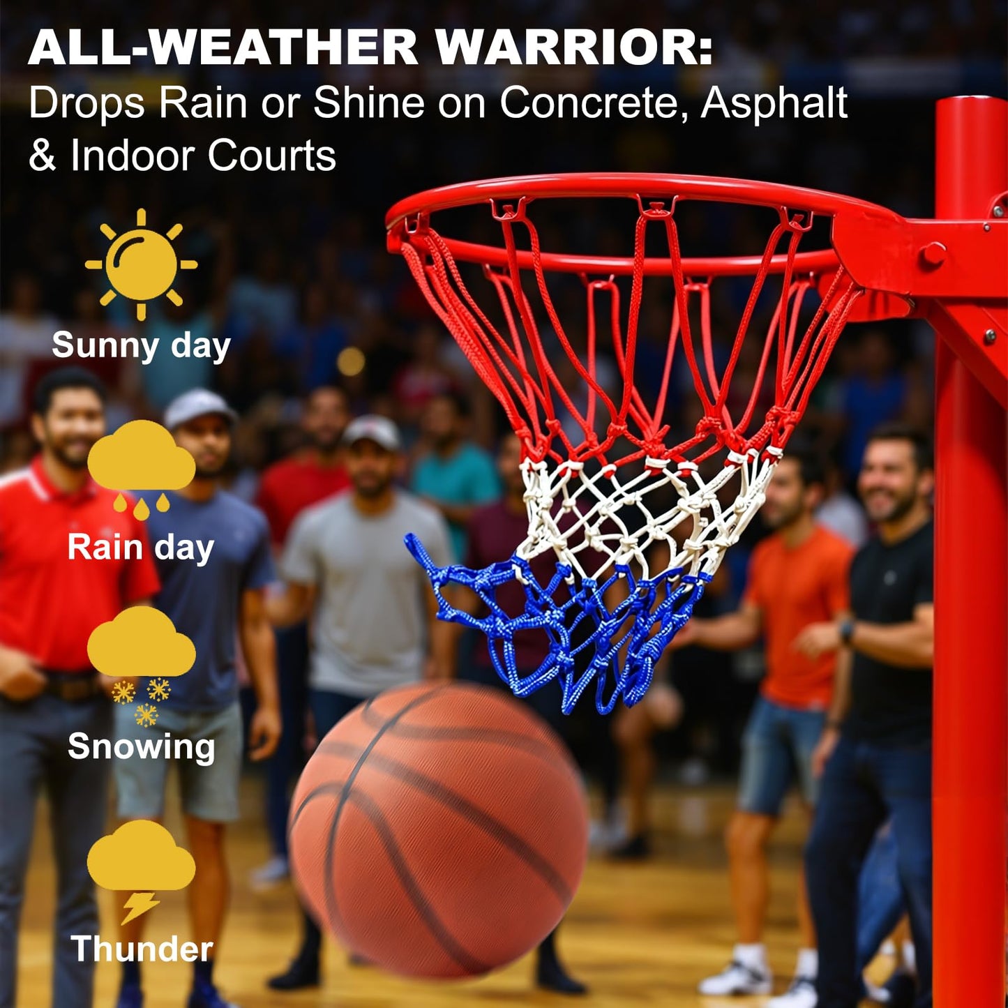 ELFFILLA Basketball Net Heavy Duty 7.16oz Professional Grade, All Weather Anti Whip Basketball Net Replacement for Outdoor Indoor Standard Hoop, 12 Loops Reinforced (Red White Blue)