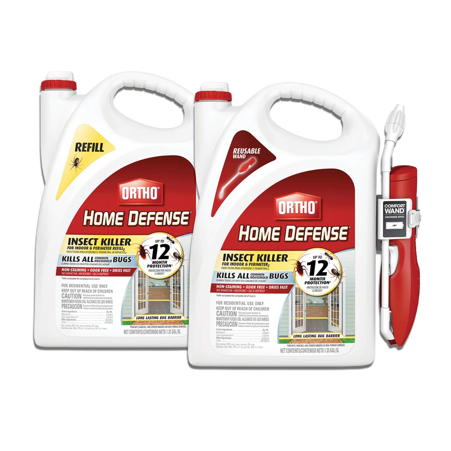 Ortho Home Defense Insect Killer for Indoor & Perimeter2 - With Comfort Wand, Long-Lasting Control, Kills Ants, Cockroaches, Spiders, Fleas & Ticks, Non-Staining, Odor Free, 1.1 gal., 2-Pack