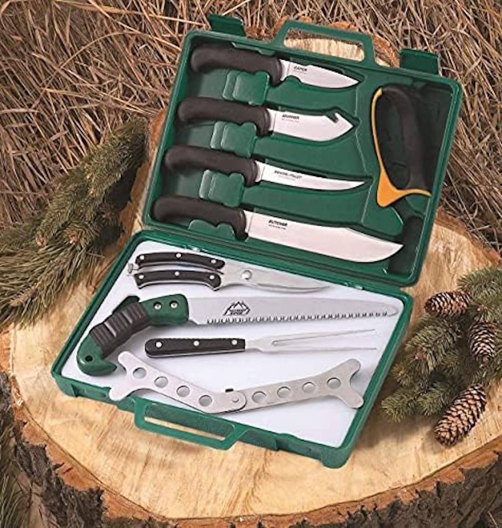 Outdoor Edge Game Processor, PR-1, Complete 12-Piece Hunting Knife Kit for Processing Big Game, Full Tang 420J2 Stainless Razor Sharp Blades, TPR Non-Slip Handles, Sturdy Hide-Side Storage Case