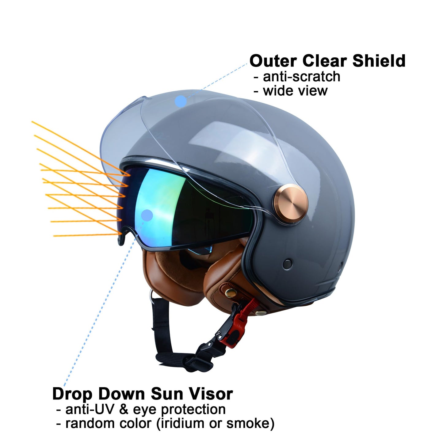 Open Face Motorcycle Helmet for Adults, DOT Approved,3/4 Retro Vespa Helmet, Dual Visors Men's and Women's Motorbike Casco for Moped Cruiser Bobber and Chopper