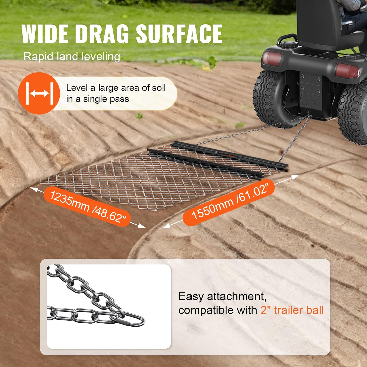 VEVOR 4' x 5' ATV Drag Harrow, Q235 Steel UTV Tractor Attachments for Landscape Leveling or Sod Prepping, Towable Grader for Gravel Driveway, Garden, Farm, Field Black