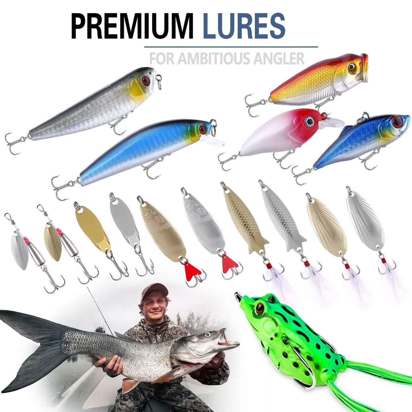 PLUSINNO Fishing Lures Baits Tackle Including Crankbaits, Spinnerbaits, Plastic Worms, Jigs, Topwater Lures, Tackle Box and More Fishing Gear Lures Kit Set, 102/302Pcs Fishing Lure Tackle