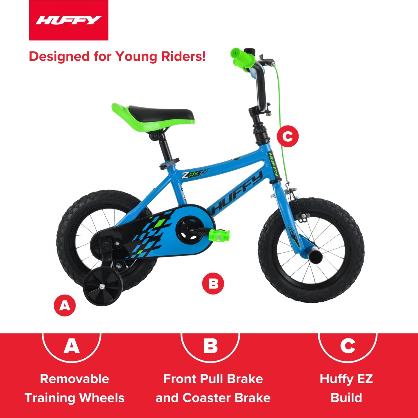 Huffy ZRX 12" Kids Bike, Ideal for Ages 3 to 5 Years Old, Front Pegs, BMX Style Handlebar, EZ Build Assembly, Designed for Growth, Durable Steel Frame, Enclosed Chain Guard, Blue
