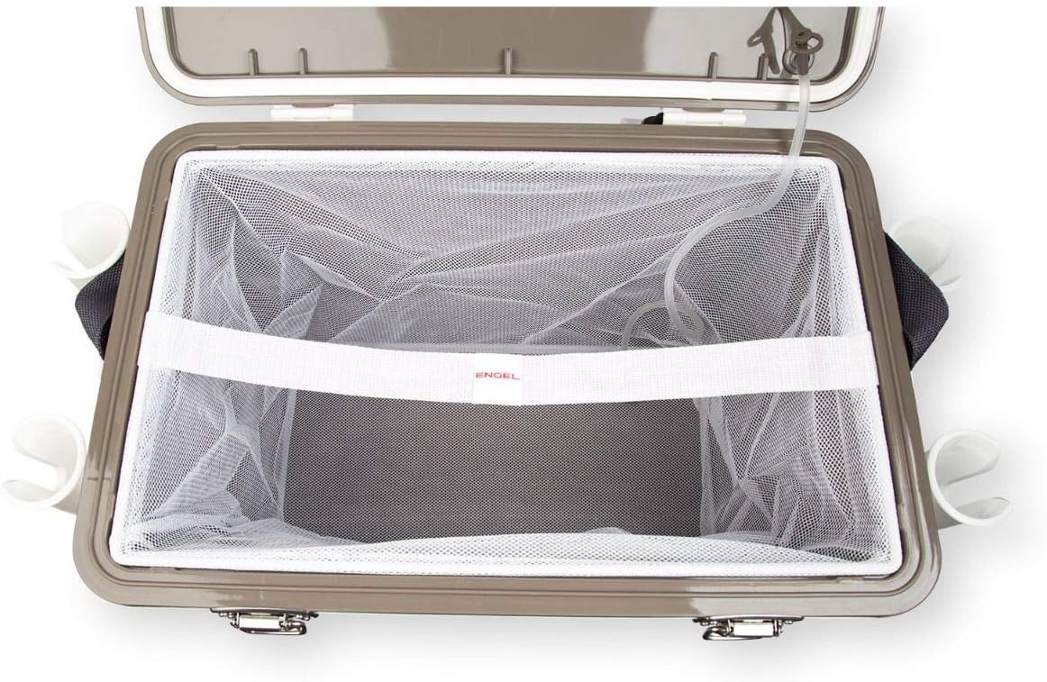 Engel 30qt Live Bait Cooler Box with 2nd Gen 2-Speed Portable Aerator Pump and 4 x Fishing Rod Holder Attachments. Fishing Bait Station and Minnow Bucket in LBC30-RH in White