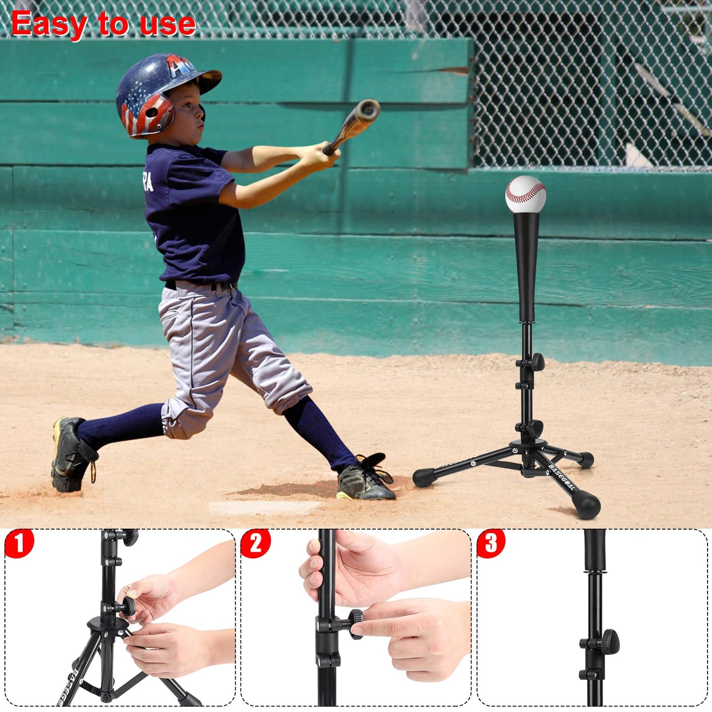 BaseGoal Baseball Tee for Kids,Batting Tee,Softball Tee,Youth Hitting Tee,Teeball Tee,Travel Tee,Easy Adjustable Height and Carry Bag