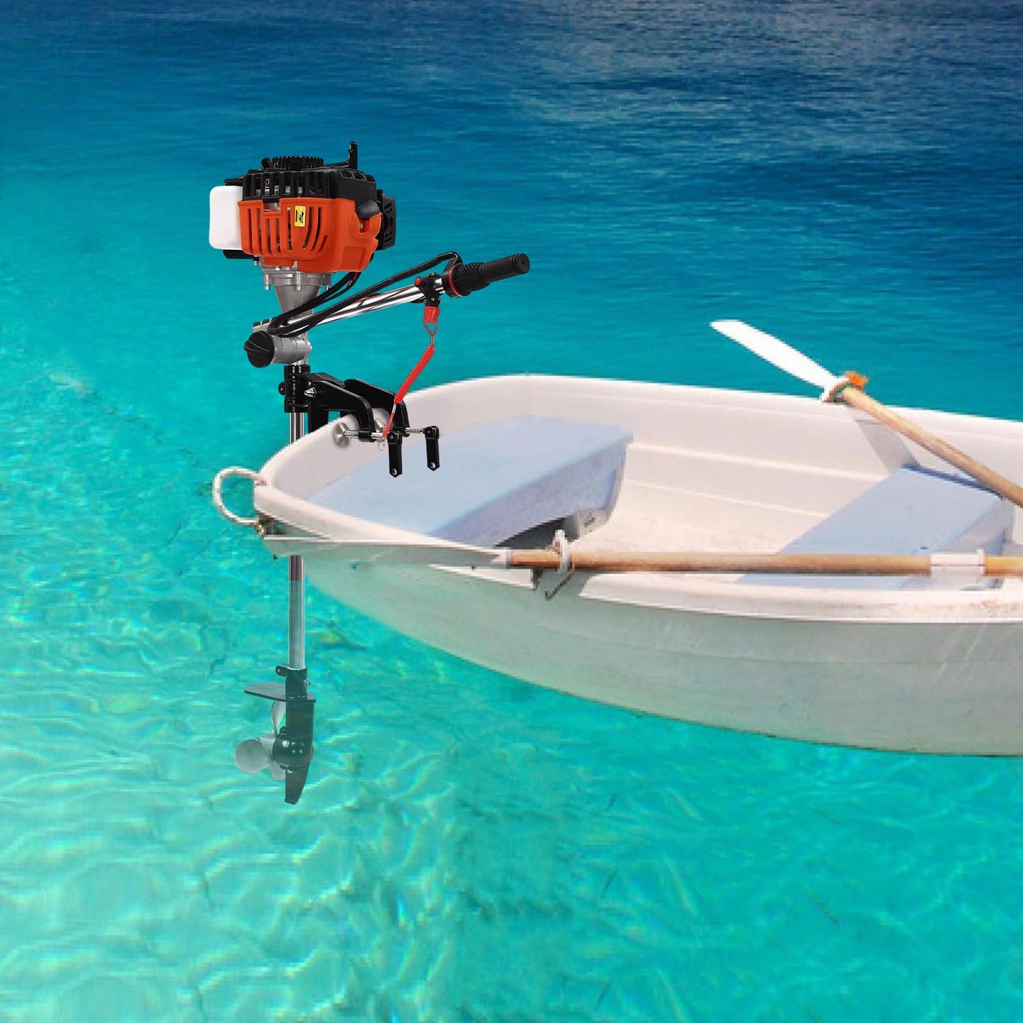 6HP Heavy Duty Outboard Motor, 170cc 4 Stroke Gas Outboard Boat Motor Engine with Air Cooling System, 3.2KW Single Cylinder Fishing Boat Engine for 3-7m Length