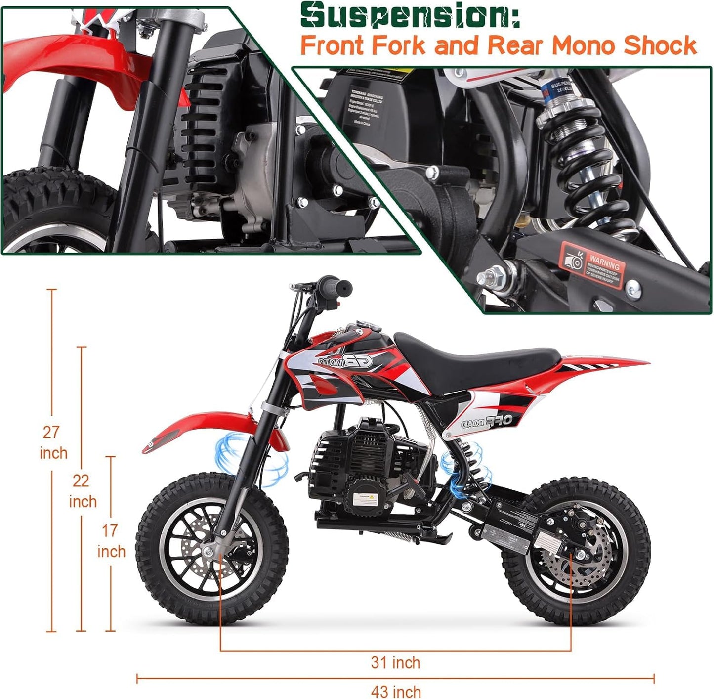 49CC 2-Stroke Gas Power Mini Dirt Bike Dirt Off Road Motorcycle (Red)