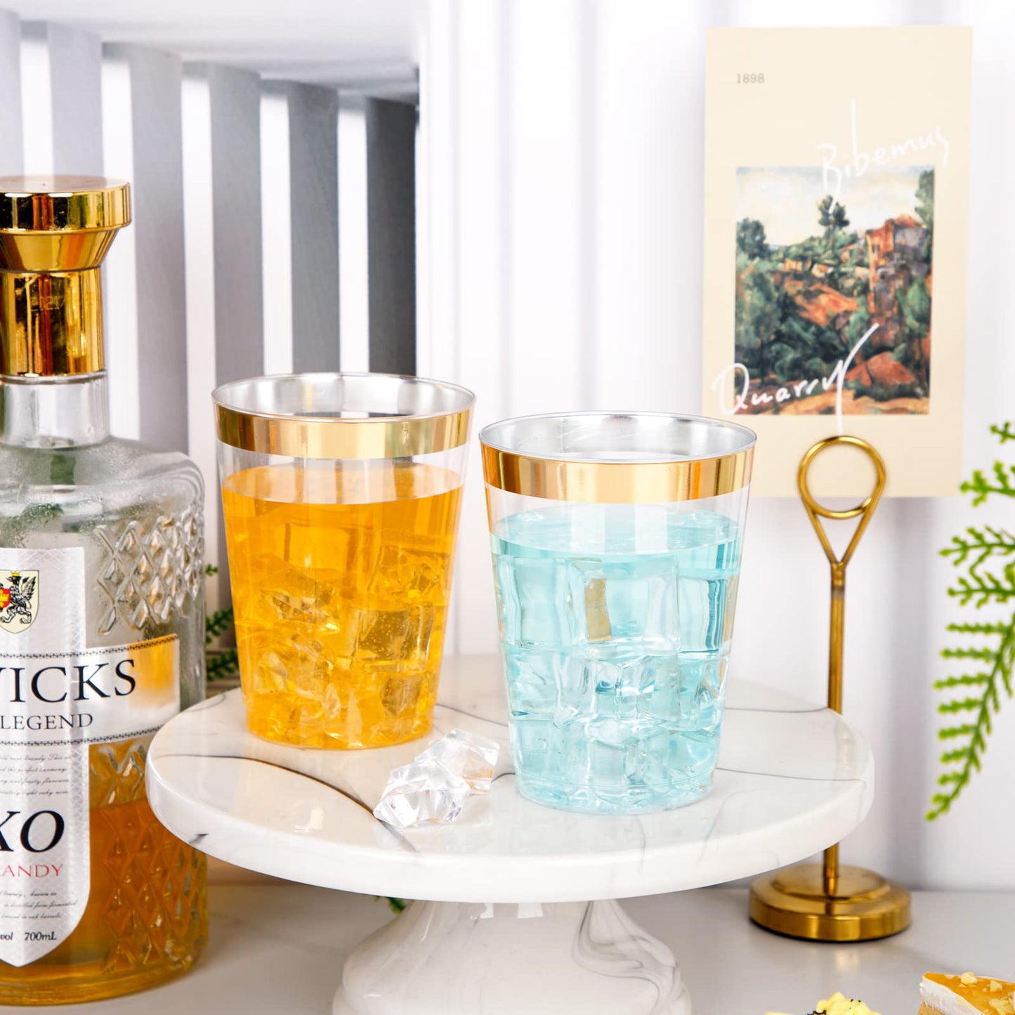 I00000 200 Pack Gold Plastic Cups, 9 Oz Elegant Clear Plastic Cups Gold Rimmed Disposable Wine Glasses Fancy Disposable Party Cups Wedding Cups Drinking Tumblers Plastic Cocktail Glasses with Gold Rim