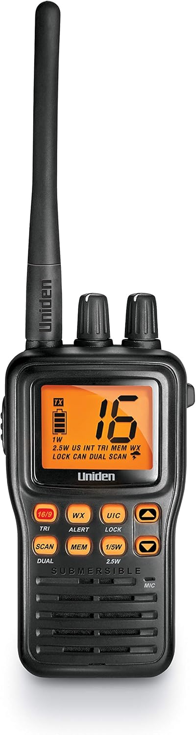 Uniden MHS75 Waterproof Handheld 2-Way VHF Marine radio, Submersible, Selectable 1/2.5/5 Watt Transmit Power. All USA/International and Canadian Marine Channels - Color Black