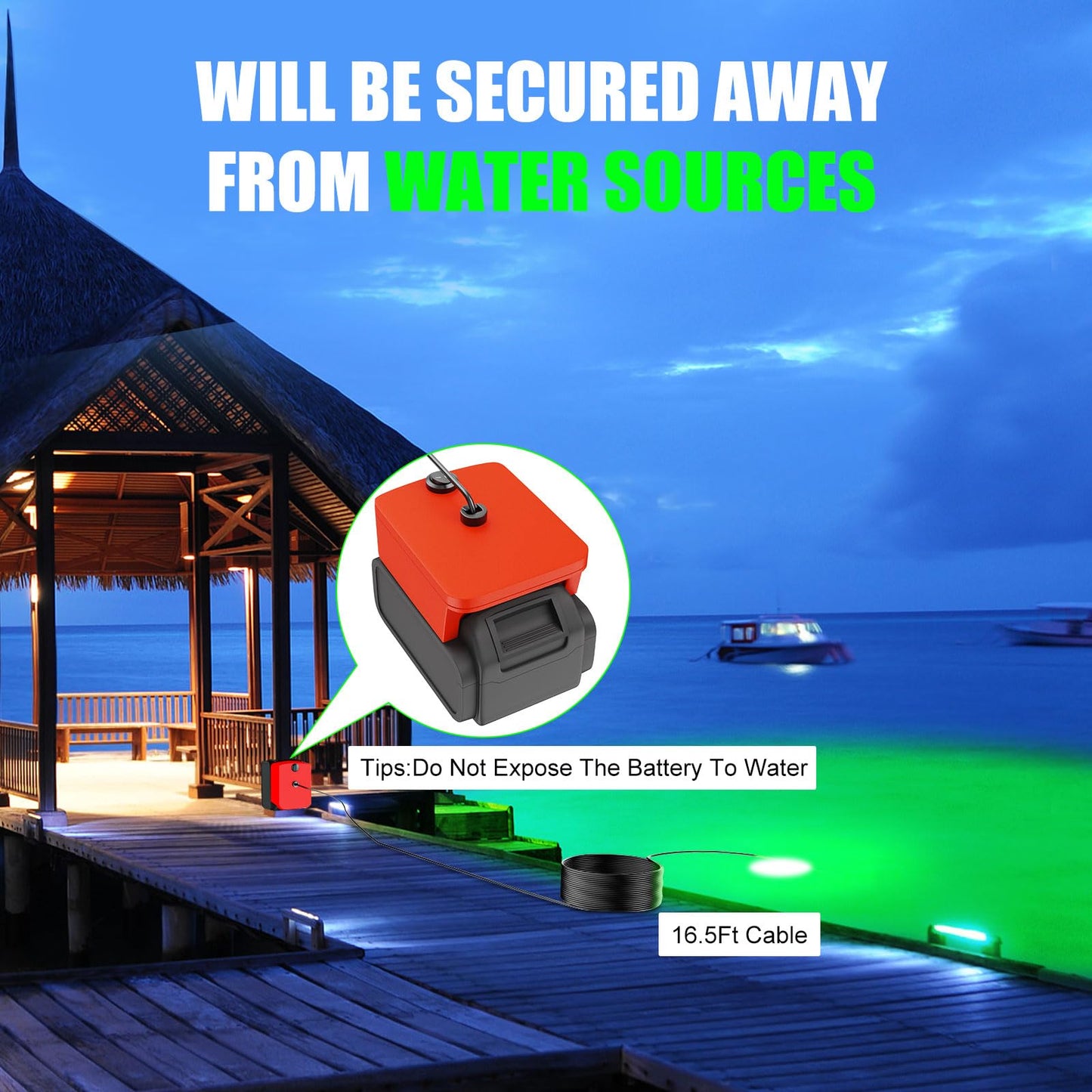 Underwater Fishing Light Compatible for Milwaukee 18V Battery,LED Green Light for 30W IP68 3000 Lumens Fish Attracting, Night Fishing for Docks Boats or Kayaks(no Battery)