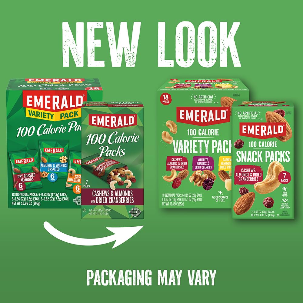 Emerald Nuts Mixed Nuts Variety Pack 18ct (1-Pack) , 100-Calorie Individual Packs , Features Dry Roasted Almonds, Natural Almonds & Walnuts, and Roasted & Salted Cashews