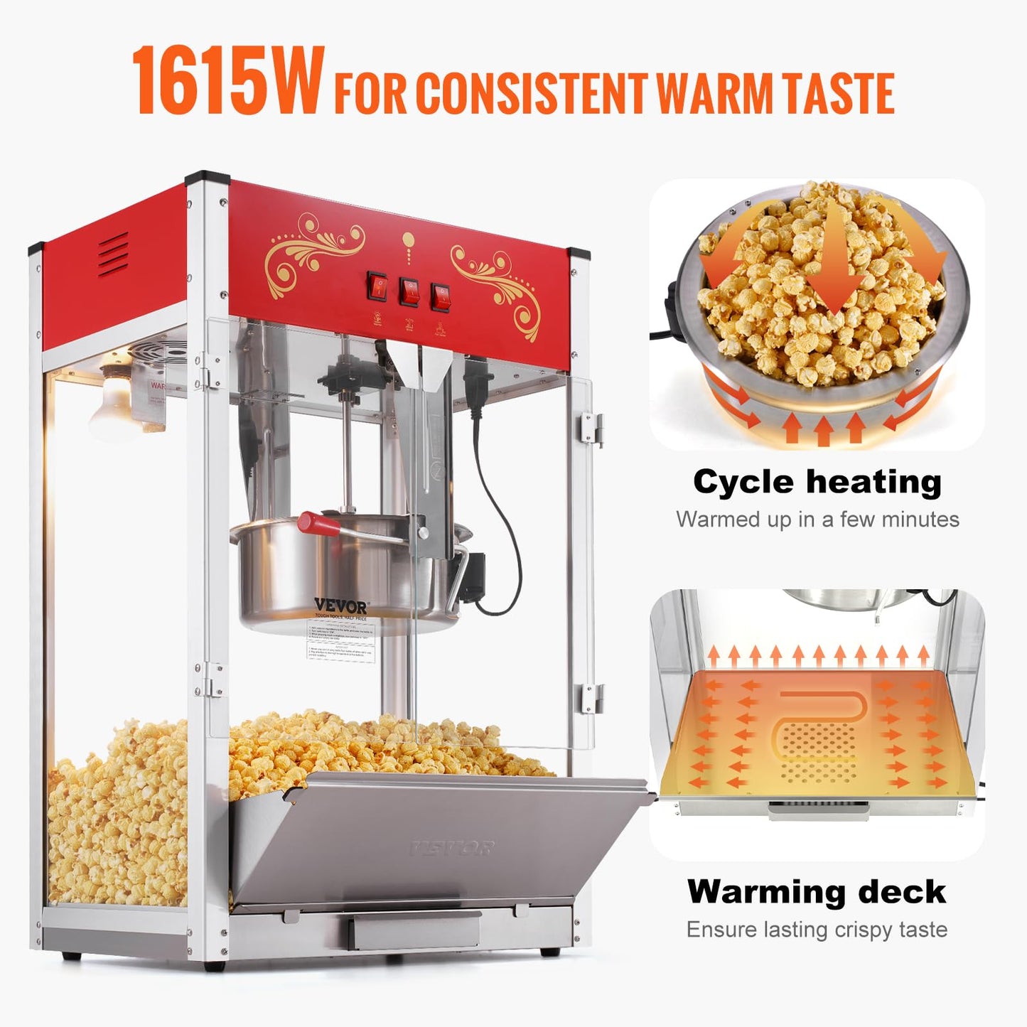 VEVOR Commercial Popcorn Machine, 8 Oz Kettle, 850 W Countertop Popcorn Maker for 48 Cups per Batch, Theater Style Popper with 3-Switch Control Steel Frame Tempered Glass Doors 2 Scoops 2 Spoons, Red