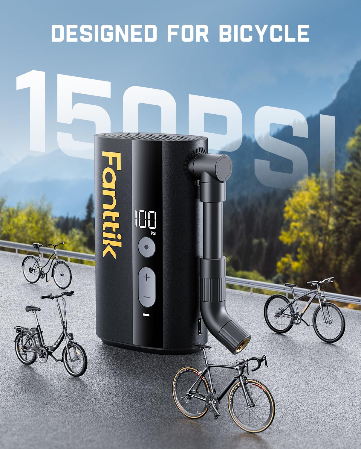 Fanttik X9 Ace Mini Bike Pump, 32s Fast Inflate Bike Pump with Gauge, 150PSI Electric Air Pump with Presta and Schrader Valve, Suitable for Mountain Bike, Road Bike, Electric Bike, MTB
