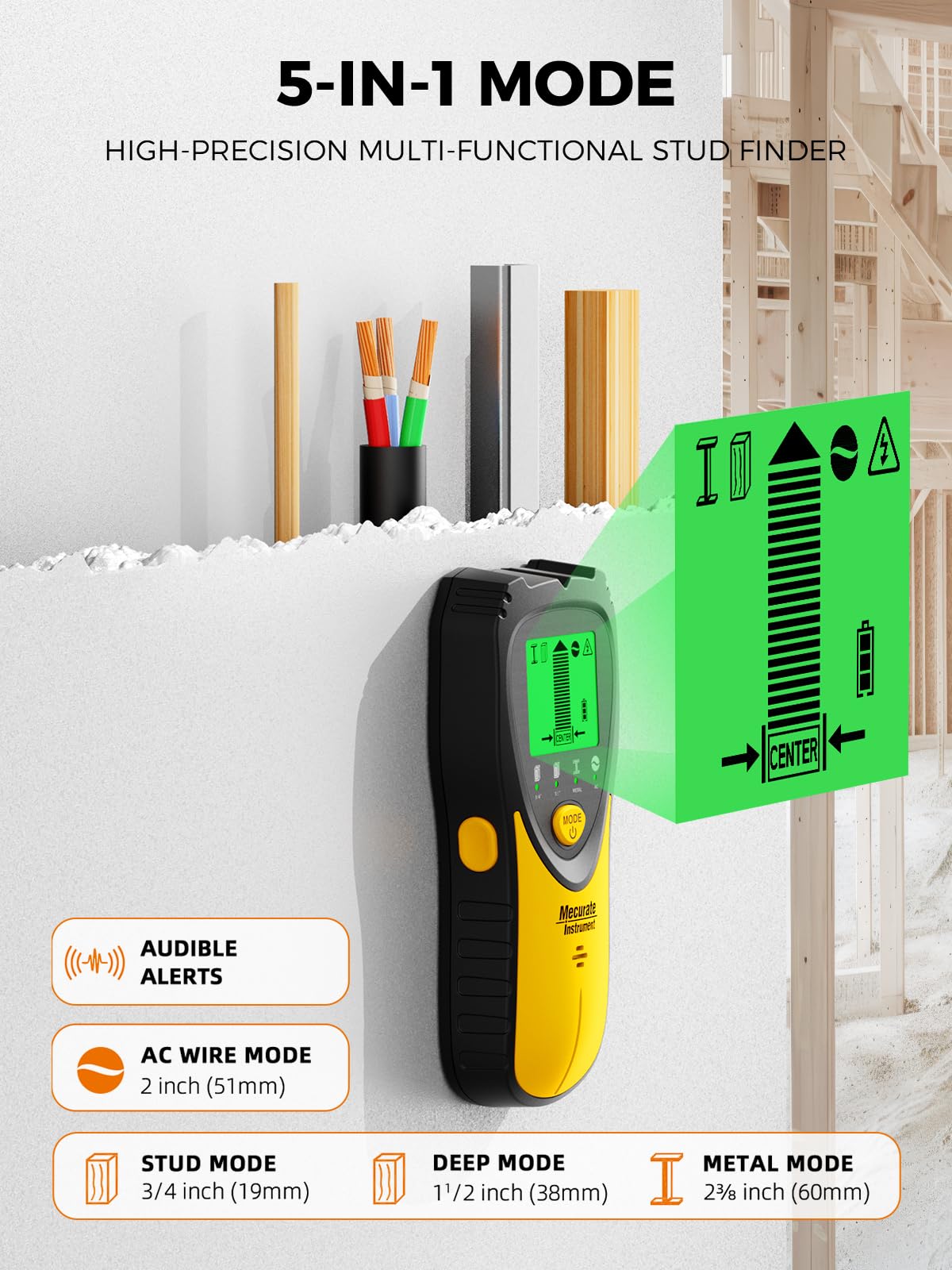 Mecurate Stud Finder Wall Scanner Sensor - 5 in 1 Electronic Stud with LCD Display & Audio Alarm for Wood AC Live Wire Metal Studs Detection Joist Pipe