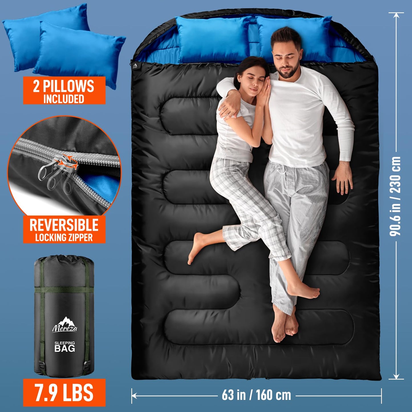 MEREZA Double Sleeping Bag for Adults Mens with Pillow, XL Queen Size Two Person Sleeping Bag for All Season Camping Hiking Backpacking 2 Person Sleeping Bags for Cold Weather & Warm