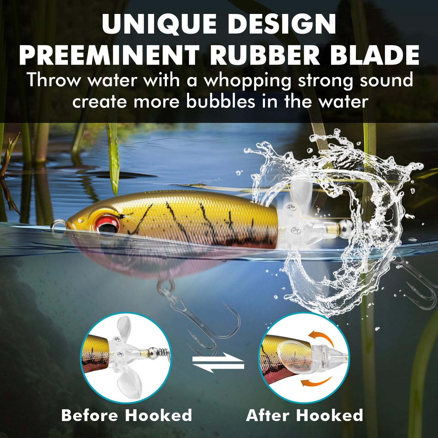 TRUSCEND PoPobait Plopper with BKK Hooks, Top Water Fishing Lures for Bass Walleye Pike Catfish Musky Perch, Floating Lure for Freshwater or Saltwater, Amazing Teasers Fishing Gifts for Family Fishing