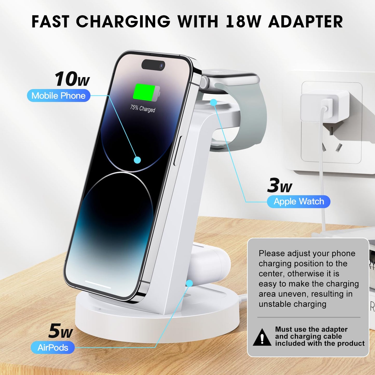 3 in 1 Charging Station for iPhone, Wireless Charger for iPhone 16e 16 15 14 13 12 11 X Pro Max & Apple Watch - Wireless Charging Station for AirPods 4 3 Pro