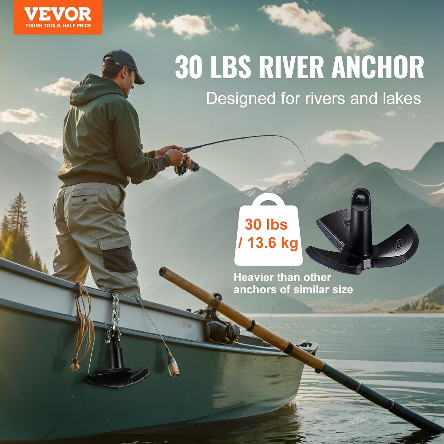 VEVOR River Anchor, 30 LBS Boat Anchor Cast Iron Black Vinyl Coated, Marine Grade Mushroom Anchor for Boats Up to 30 ft, Impressive Holding Power in River and Mud Bottom Lakes (30 lb)