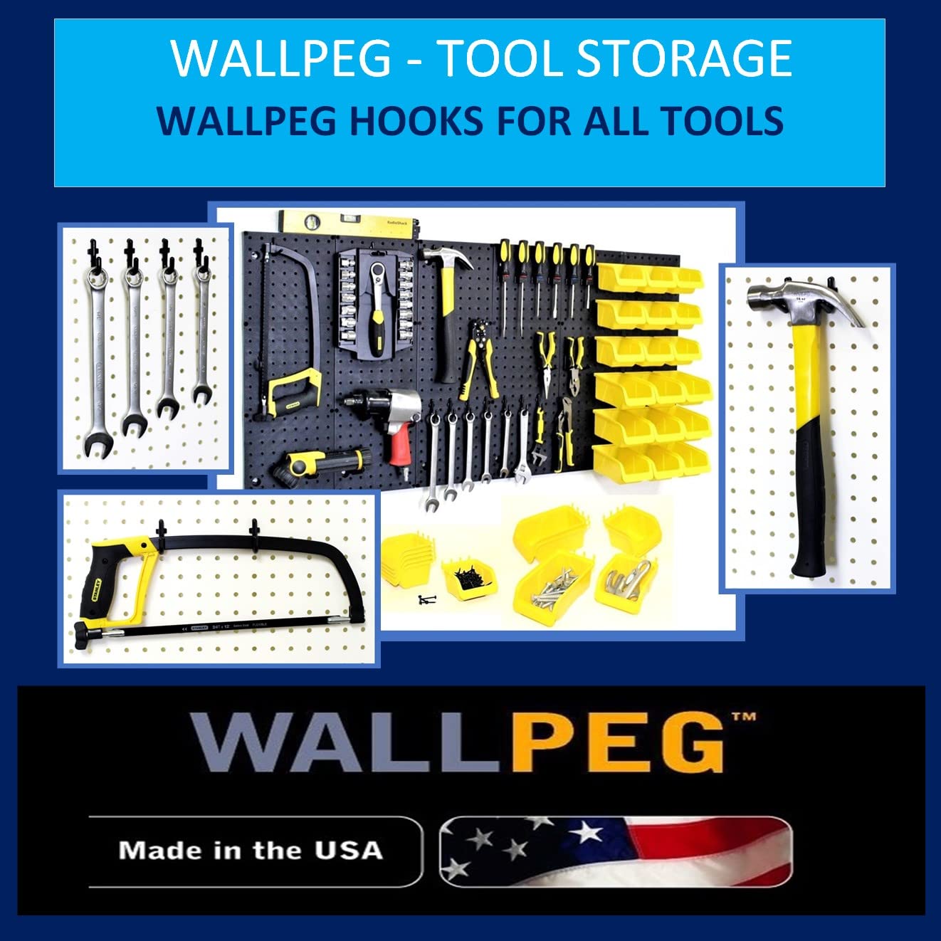 WallPeg Pegboard Wall Organizer - 96” Wide | 4 Pack 24”x16” Heavy Duty Plastic Peg Boards | Made in USA | Garage Tool Storage, Workshop, Craft Room, Office Wall Organizer | Tuff Peg-Board Panels
