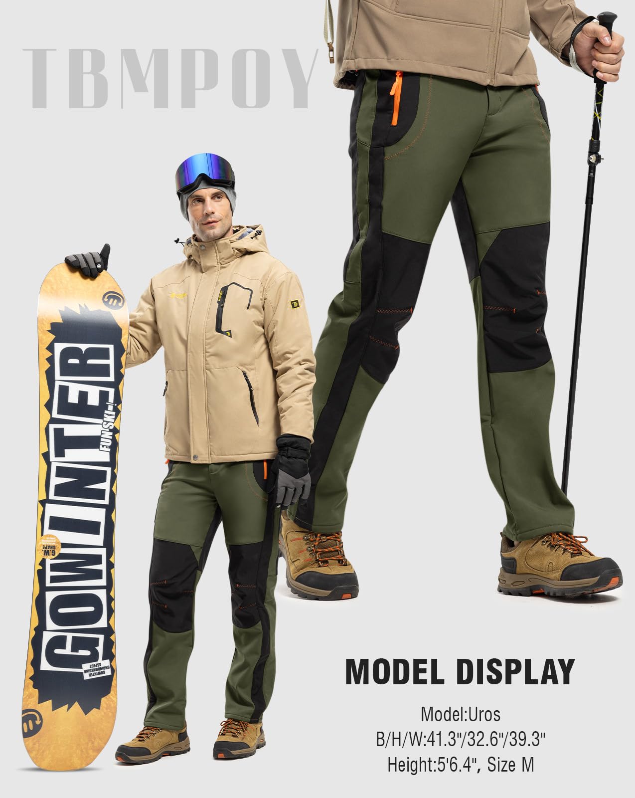 TBMPOY Men's Snow Ski Hiking Pants Waterproof Winter Fleece Lined Pants Camping Skiing Ice Fishing Pants with Belt 02 Thick Green L