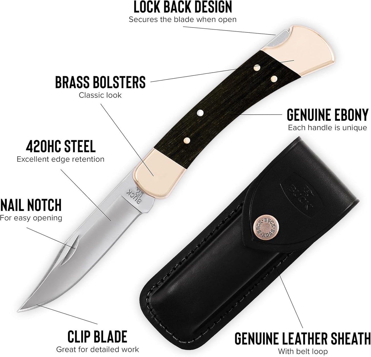 Buck Knives 110 Folding Hunter Lock-back Knife, Brass Bolsters, Ebony Handles, 3-3/4" 420HC Blade with Leather Sheath