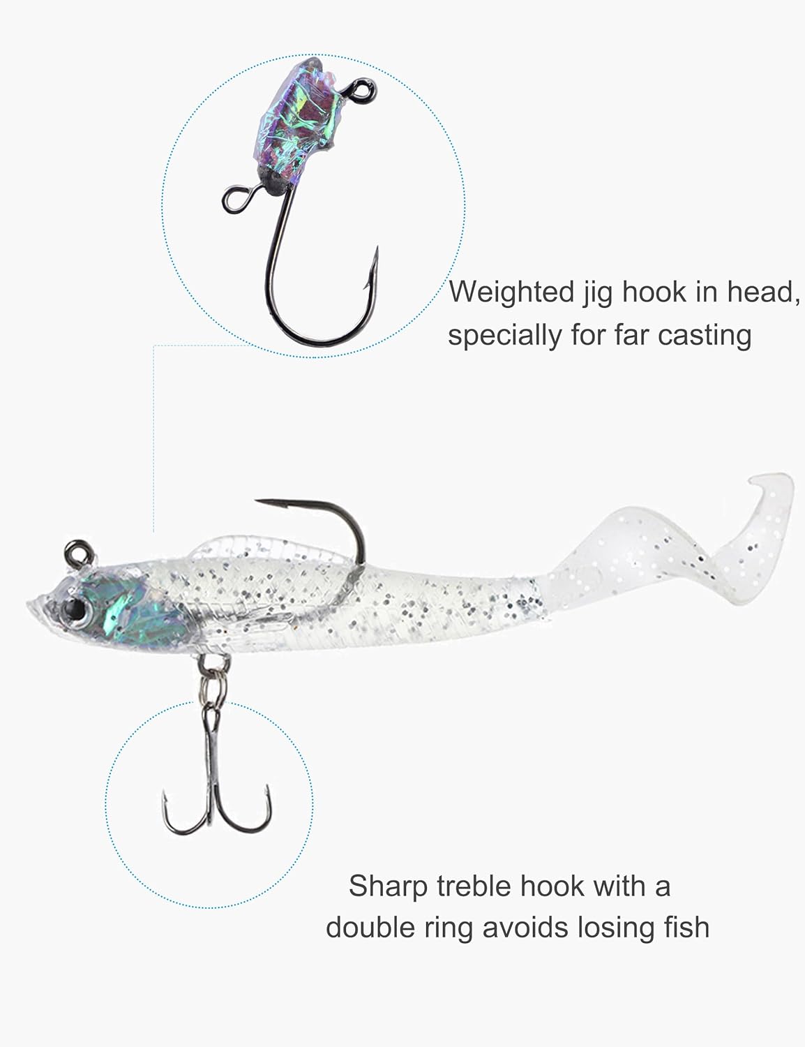 Lures for Bass Jig Head Soft Swimbait, 6-Pack 6 Colors Plastic Bait for Saltwater/Freshwater Fishing