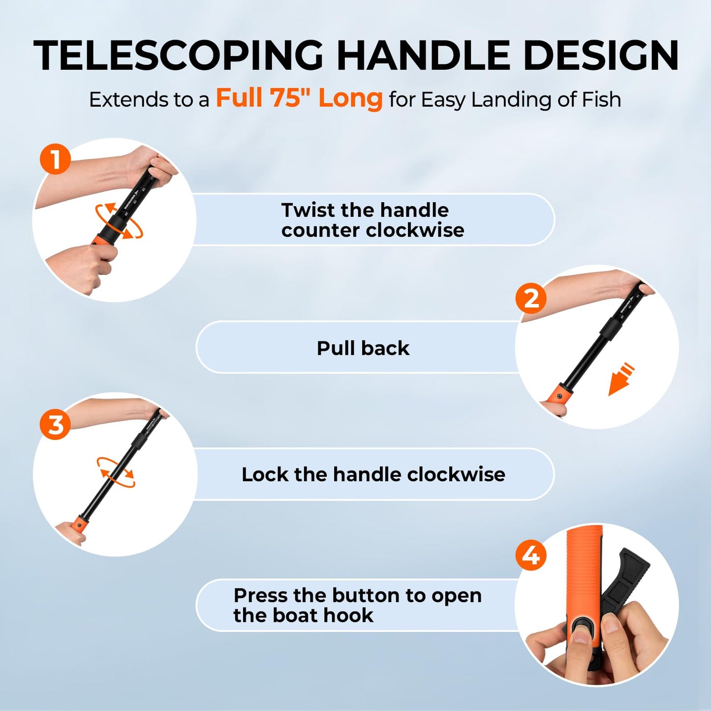 KastKing Brutus Folding Landing Net with Boat Hook, Foldable, Extendable, Lightweight & Strong, Multi-Functional Built-in Boat Hook, Non-Slip & Bright Orange TPR Handle, Two Nets Options
