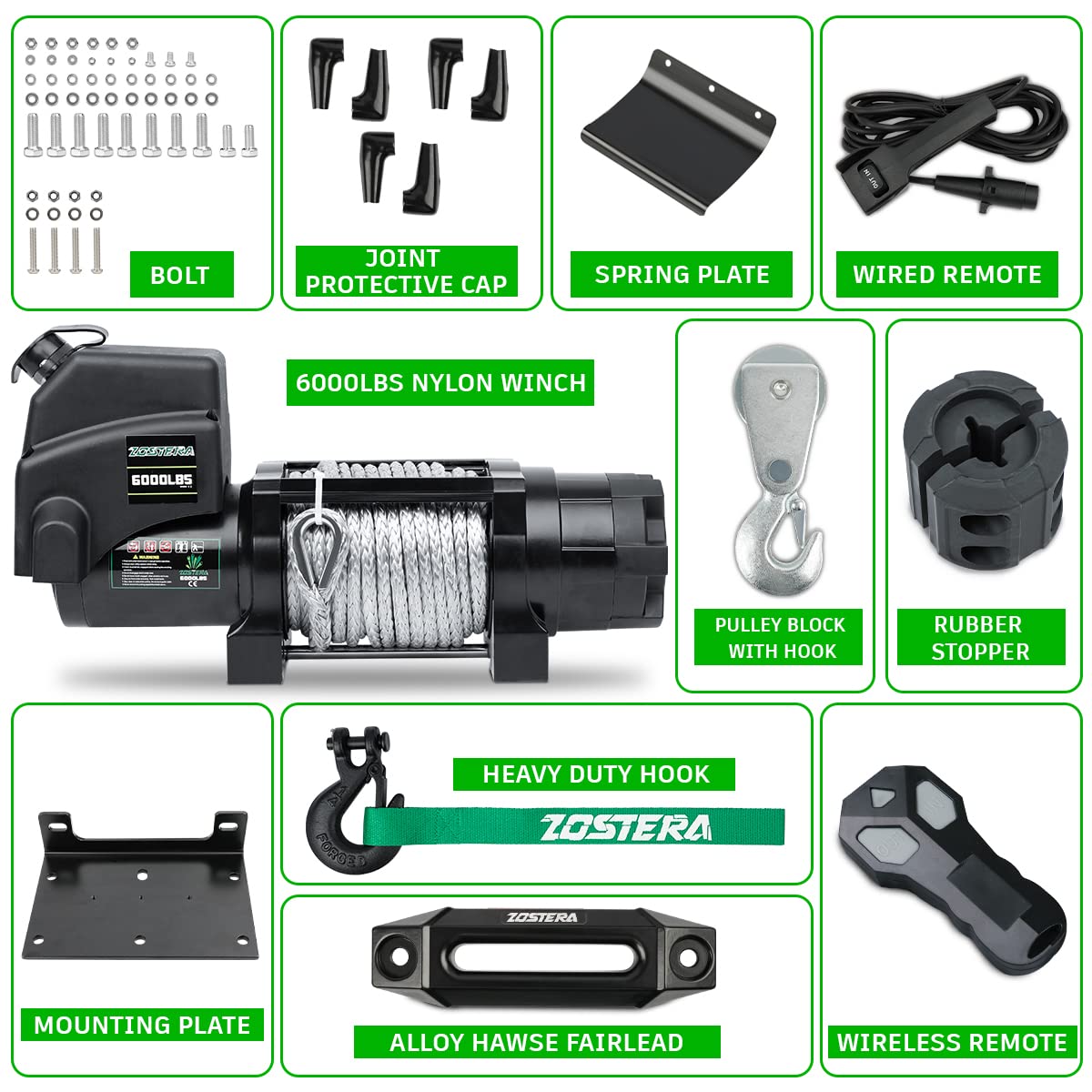 3500lbs ATV/UTV Winch with Synthetic Rope, Electric Boat Trailer Winch 12V, Waterproof Winch with 2 Wireless Remotes &Wired Switch,with Mounting Plate,Pulley,Rope Damper,Aluminium Fairlead