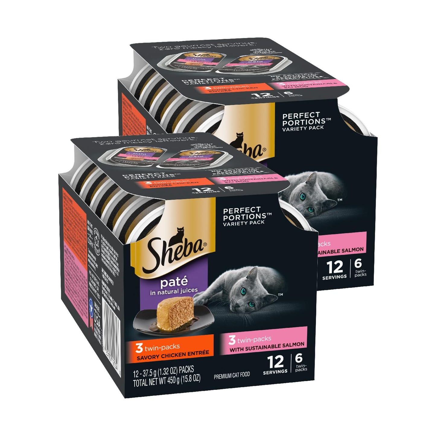 Sheba Perfect Portions Wet Cat Food Pate with Sustainable Salmon, Signature Seafood Entree, and Tender Whitefish and Tuna Entree Variety Pack, 2.6 oz. Twin Pack Trays (24 Count, 48 Servings)