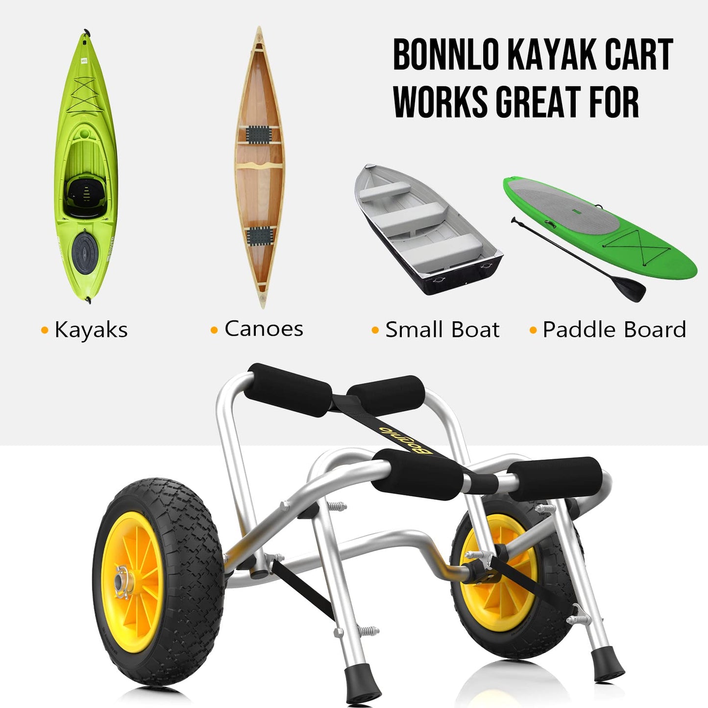 Bonnlo Kayak Cart Canoe Dolly Fishing Kayak Accessories Carrier Foldable Paddle Board Trolley Boat Trailer Transport with NO-Flat Airless Tires Wheels and 2 Ratchet Straps