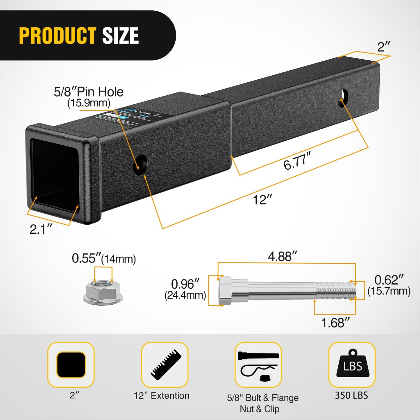 Nilight Trailer Hitch Receiver Extender Adapter Reducer 1-1/4 to 2Inch Hitch Adapter 6-1/2 inch Extension Sleeve Convertor 350Lbs with 1/2-Inch Diameter Pin and Clip with 5/8-Inch Adapter